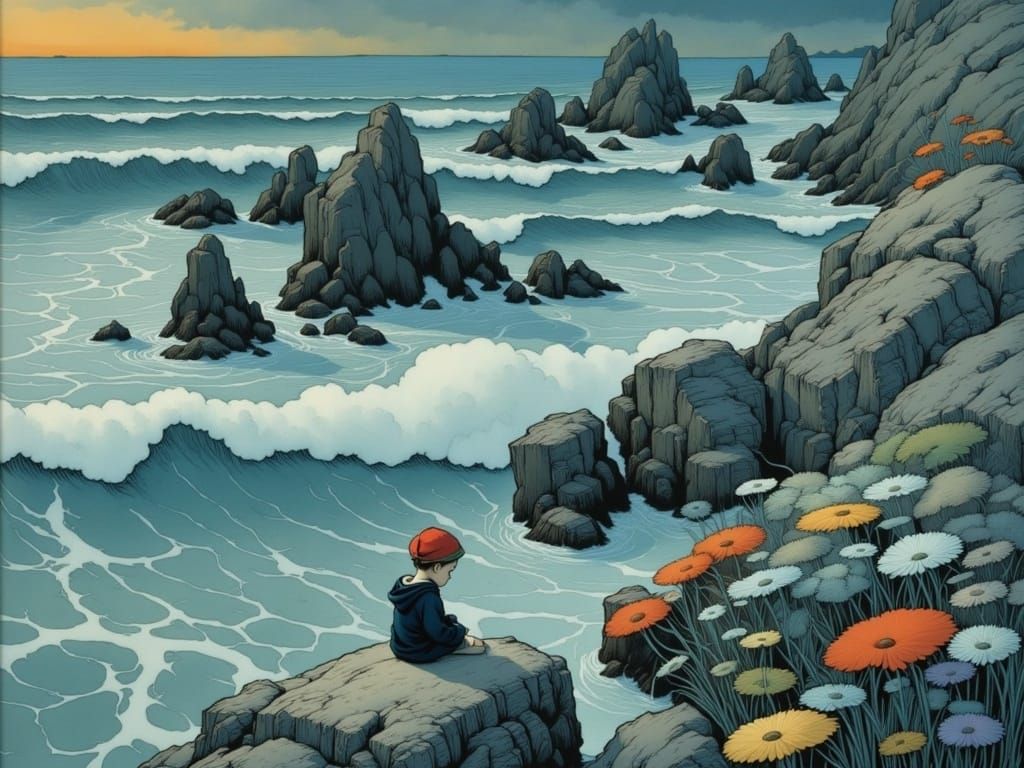 Lonely Sailor Painting in Mid-Century Style