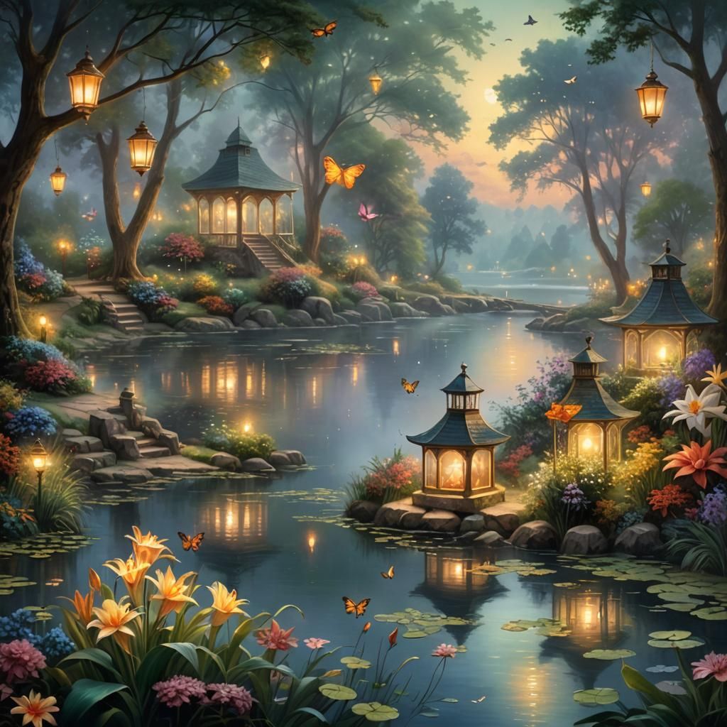 Ethereal Lanterns Reflect on Misty Lake