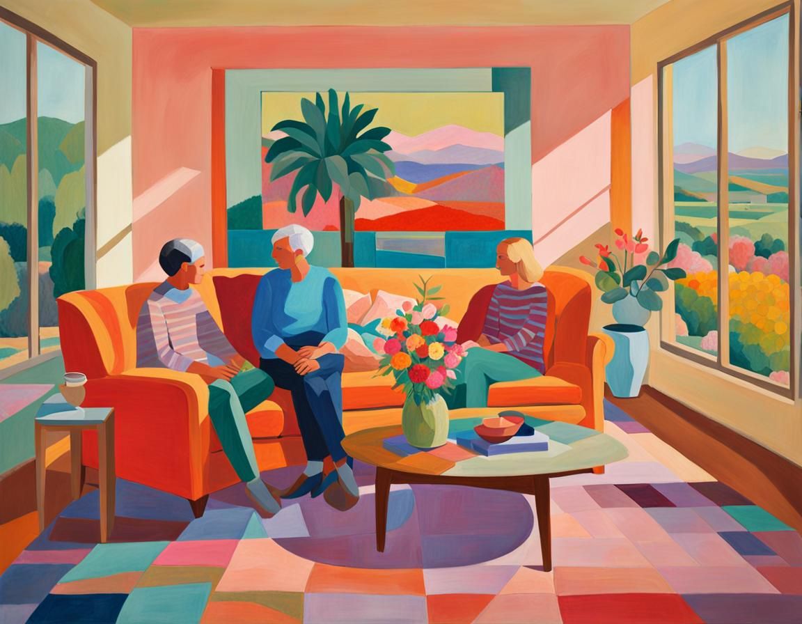 Style of David Hockney, a couple in a living room