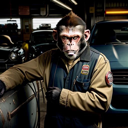 Grumpy Monkey Mechanic in Garage Scene