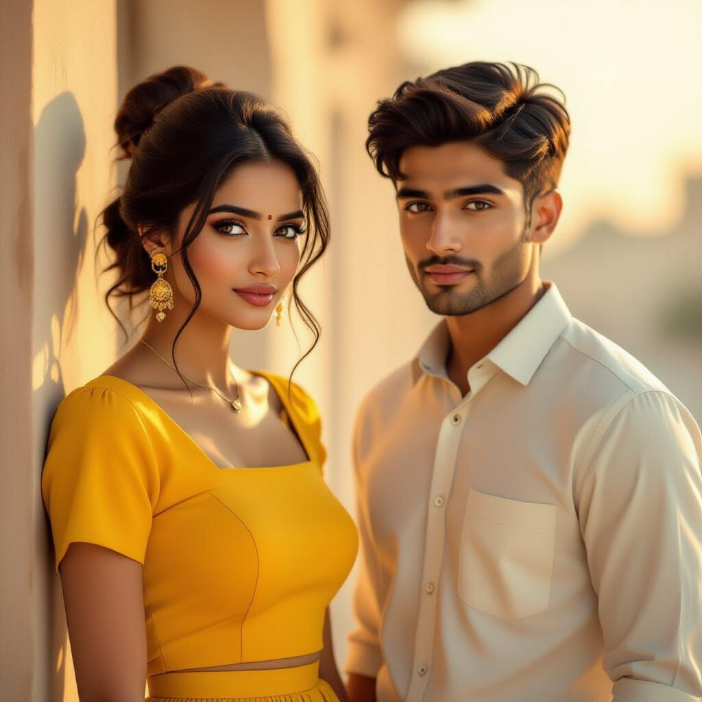 Indian Woman in Yellow Top with Admirer in Golden Hour Light