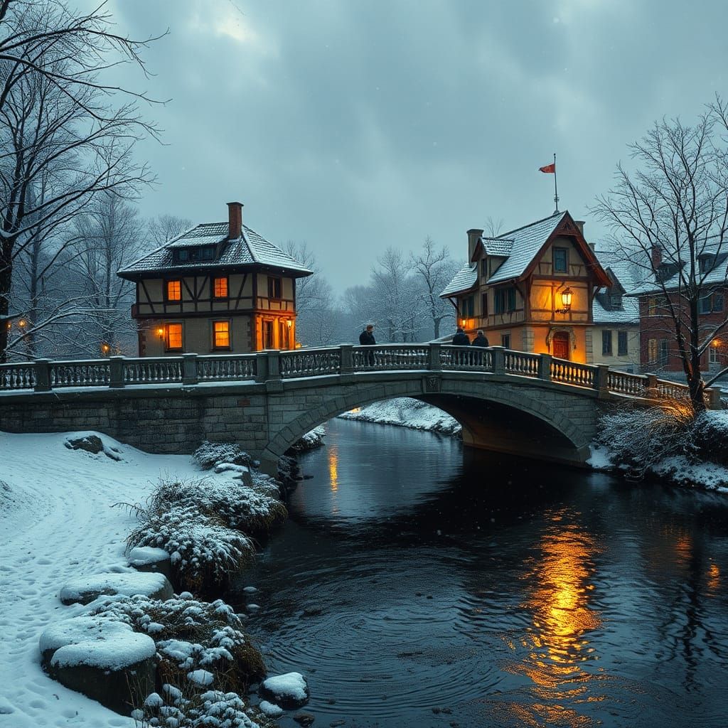 Quaint Bridge Crossing River in Klimt Style