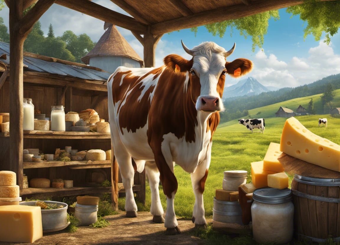 Cow Farmer Selling Dairy Products, Detailed Matte Painting