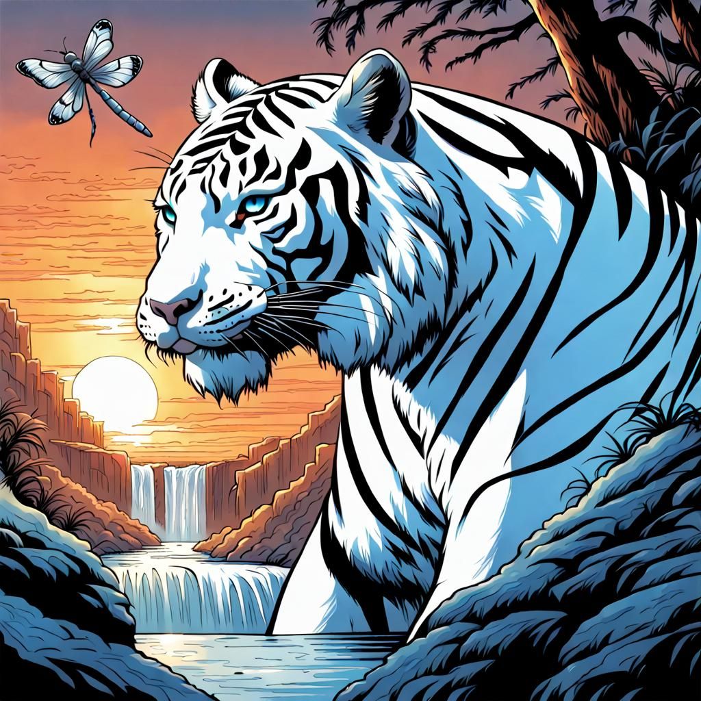 White Tiger and Dragonflies at Sunset, Comic Art