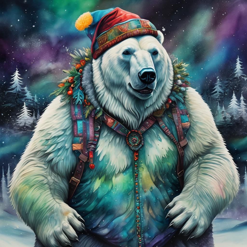 Portrait of a giant polar bear carrying (Santa's Village) on...