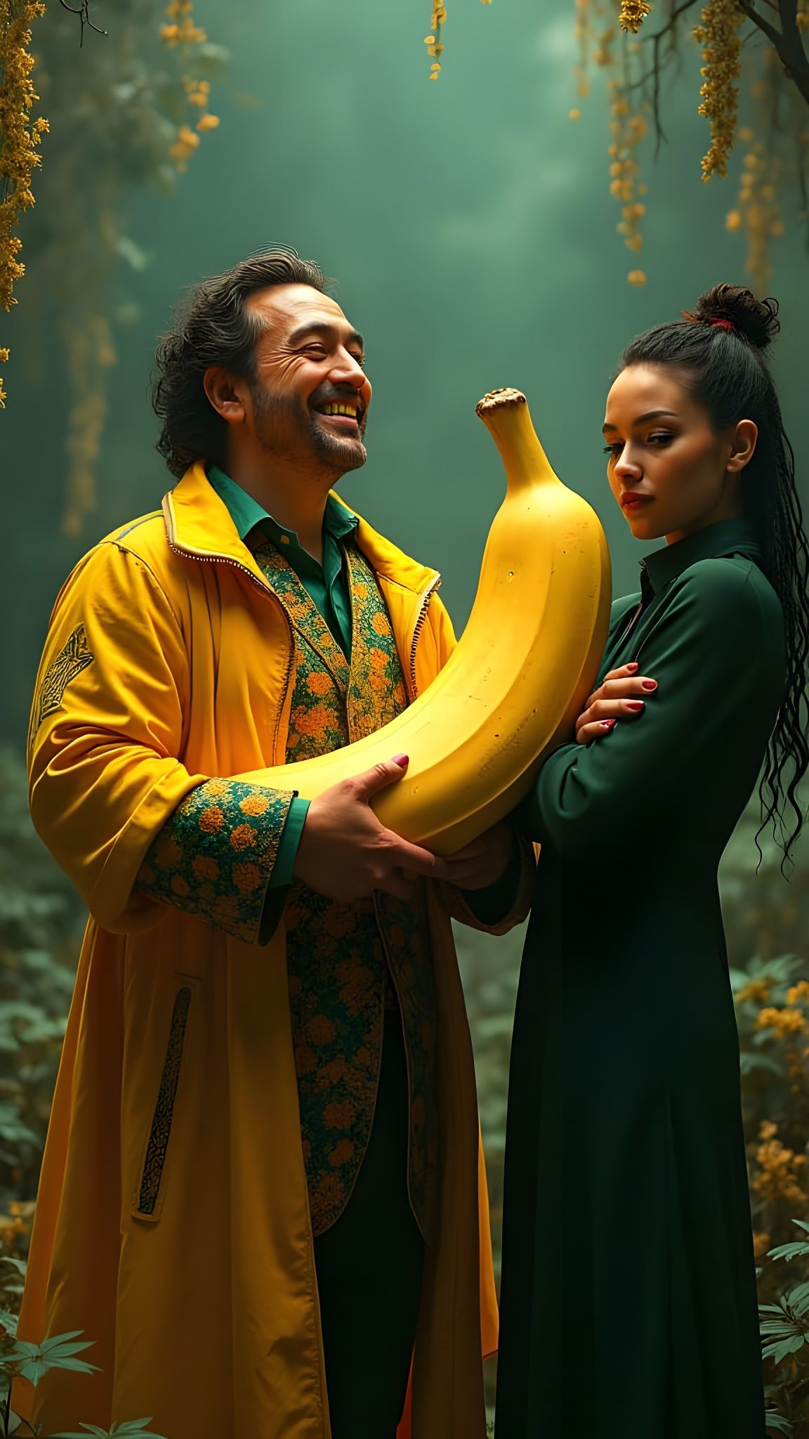Jealous Woman Watching Man Hug Giant Banana