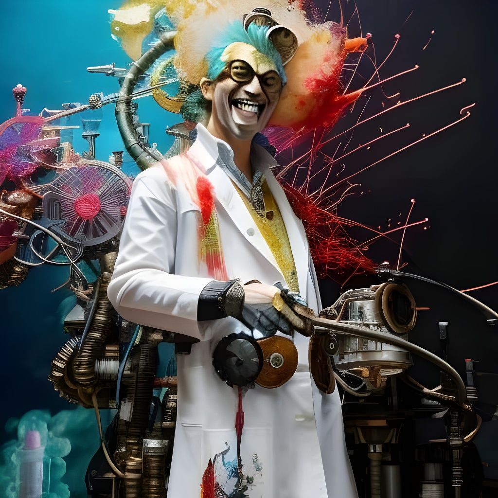 Laughing Mad Scientist Amidst Explosion and Slime