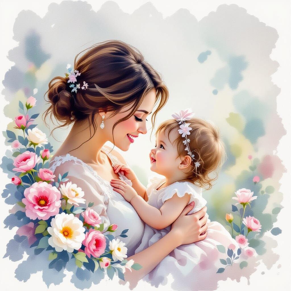 Mother and Child Watercolor Art with Flowers