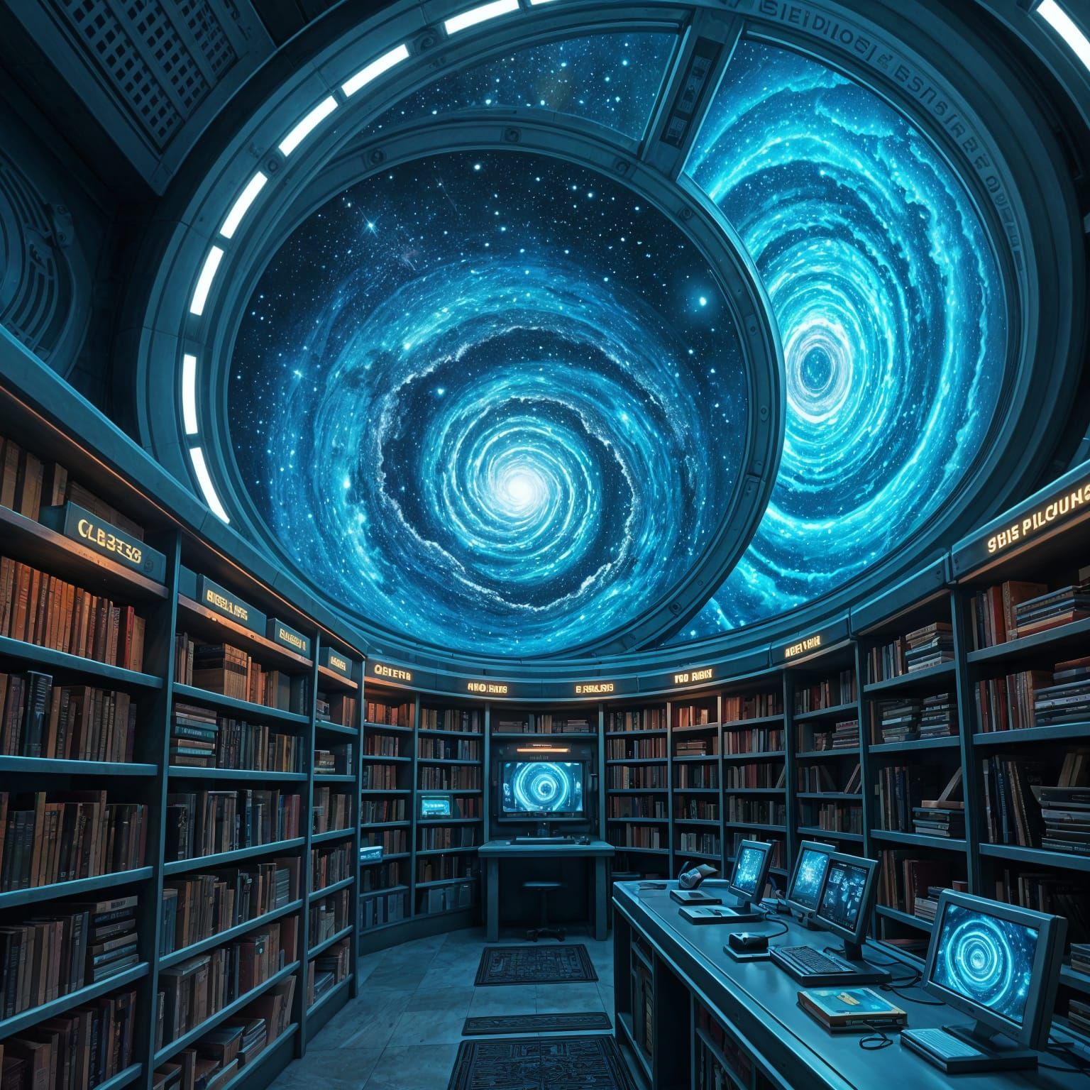 Futuristic Space Library with Breathtaking Galaxy View
