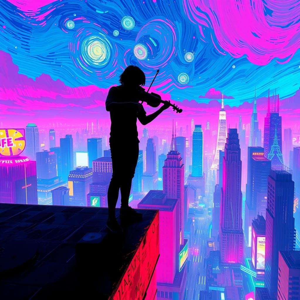 A Cyberpunk Violinist Shines in Neon Infinity