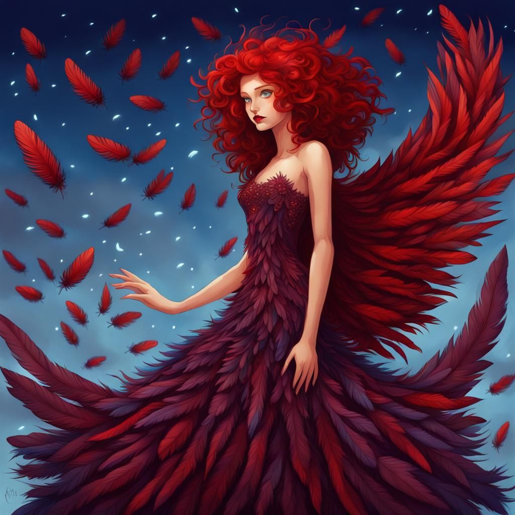 Feathered Queen in Red Dress with Fireflies