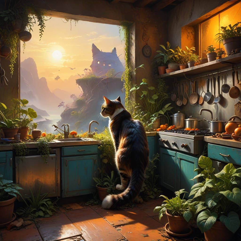 Brave Fish Explorer in a Kitchen, Vibrant Oil Painting