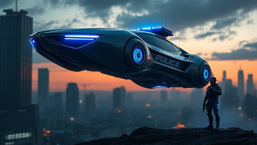 Futuristic Hovering Police Vehicle, sleek, police lights, po...