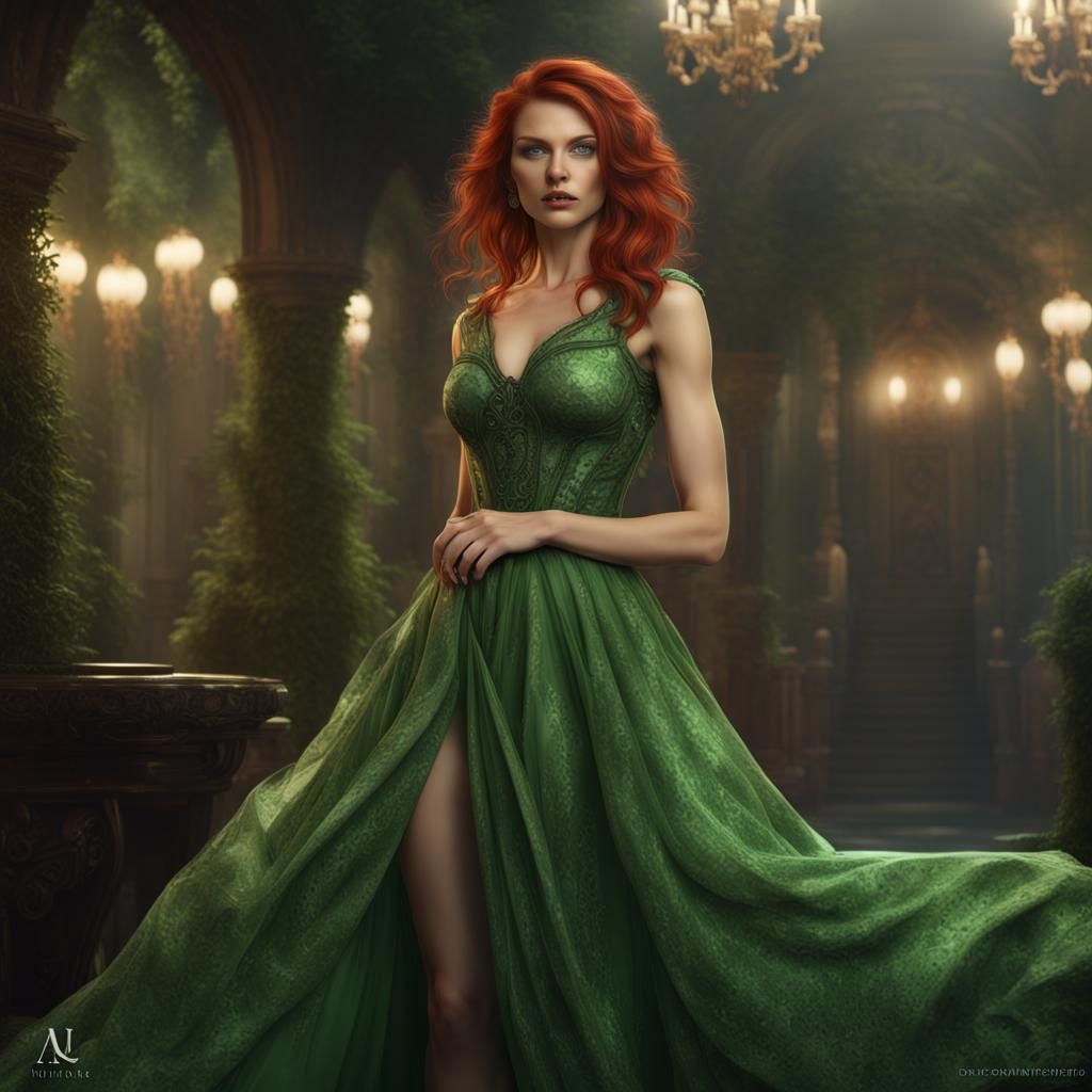 Auburn Haired Woman in Green Dress: Fantasy Art