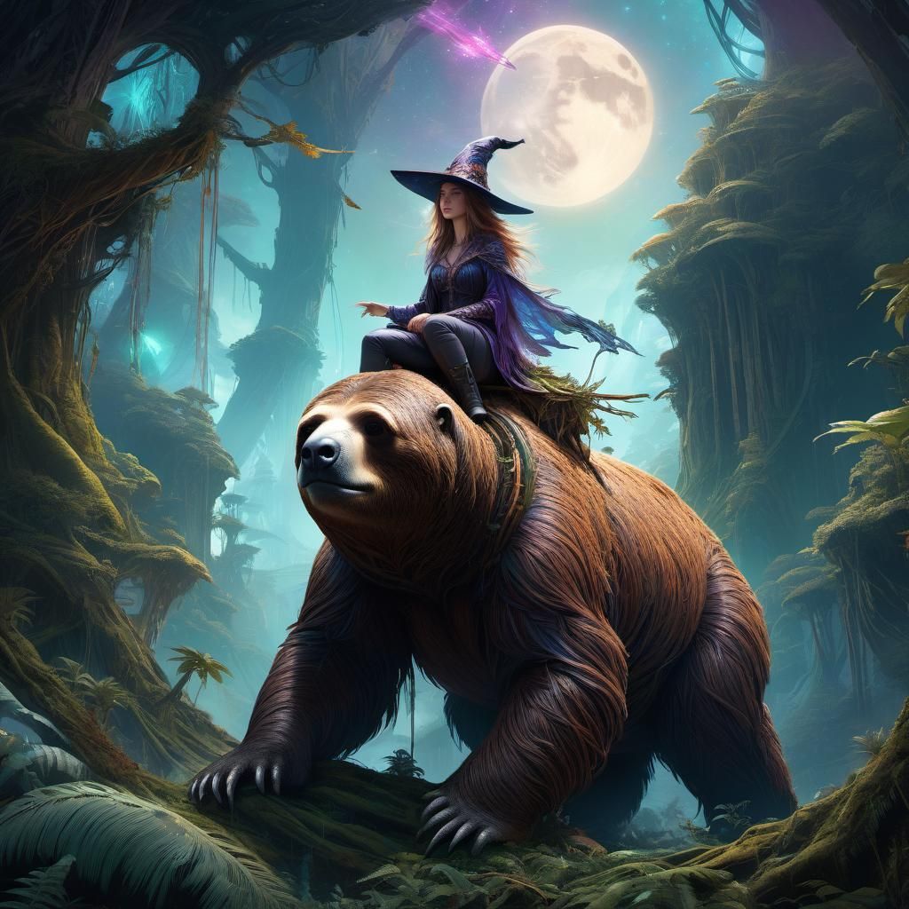 Witch Rides Giant Sloth in Mystical Digital Art