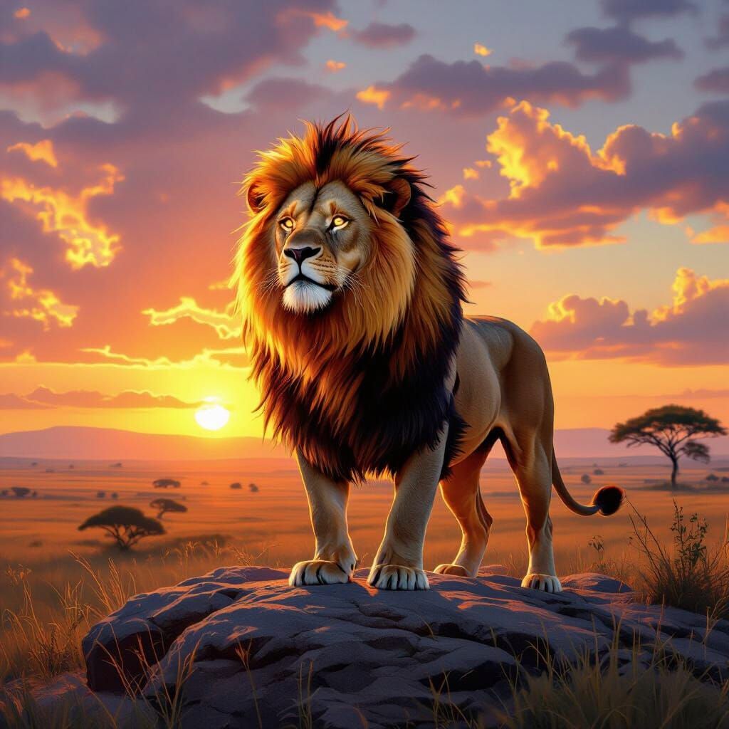 Lion with Flaming Mane Overlooking Savanna at Sunset