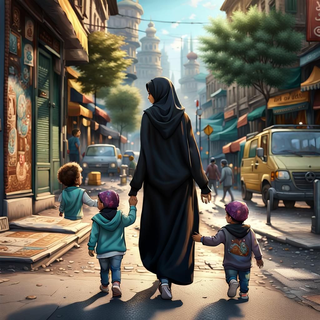 Sister and Brother Walking: Digital Painting