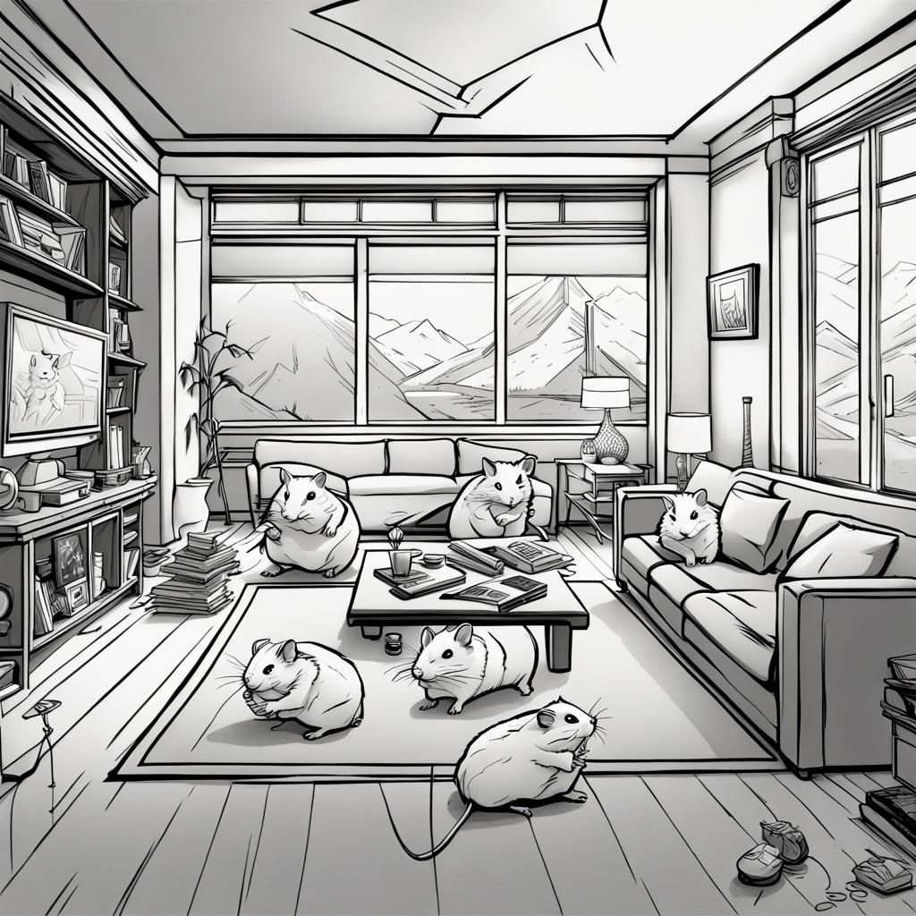 Ninja Hamsters in Living Room: Line Art Illustration