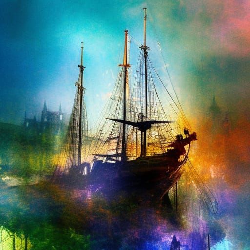 Disintegrating Knight Face with Sailing Ships in Watercolour