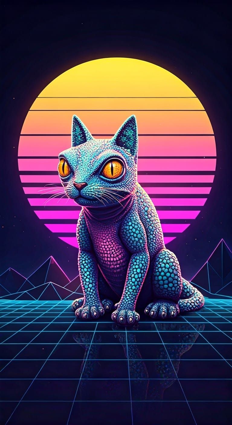 Surreal Neon Landscape of Khazarian Lizard Cats in Holograph...