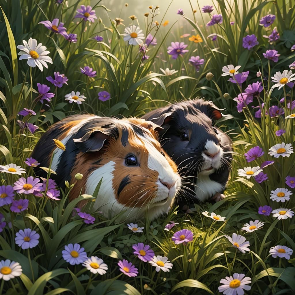 Guinea Pigs Sleeping in a Flower Meadow