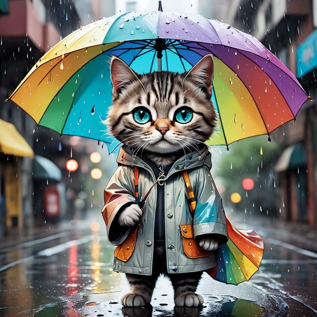 Futuristic Whimsy Cat Under Rainy Umbrella