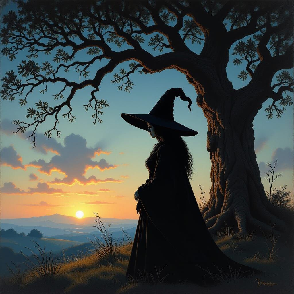 Witch with Bread Hat Before Ancient Tree in Twilight