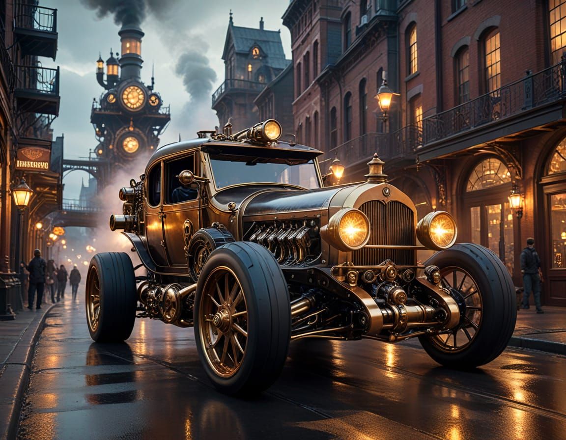 Intricate Steampunk Automobile Speeds Through a Victorian Ci...