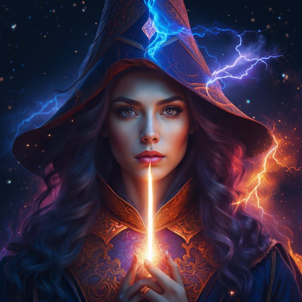 Cosmic Female Wizard Portrait in Fractal Art Style