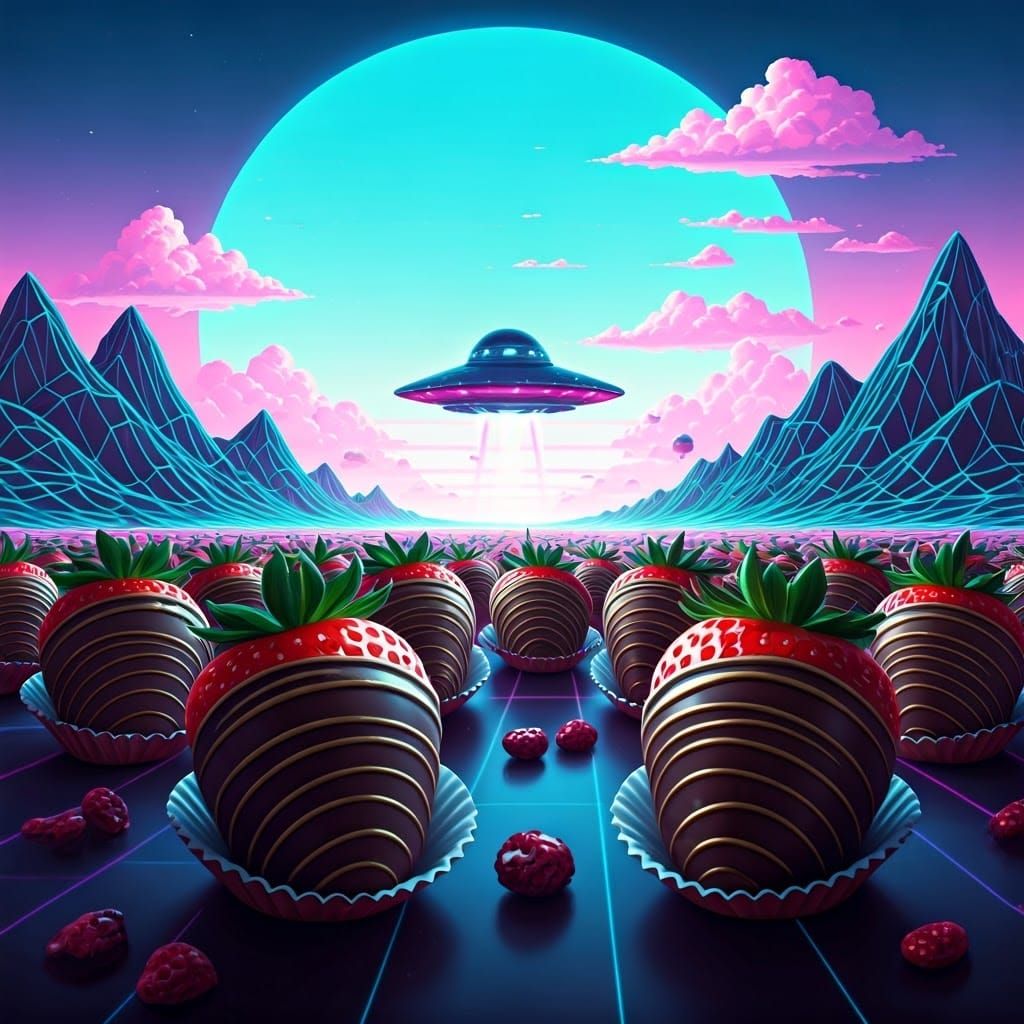 Electric Sky with Alien Ship and Chocolate Strawberries