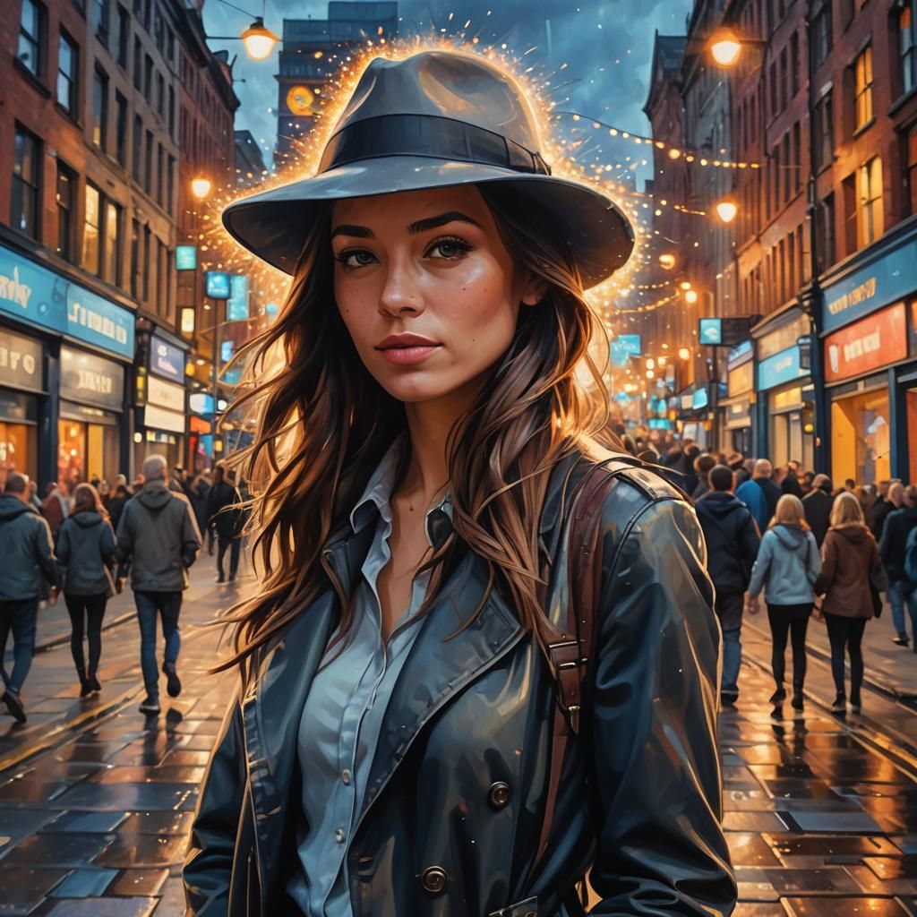 Girl in Fedora Walks Manchester Lights: Hyperrealistic Splas...