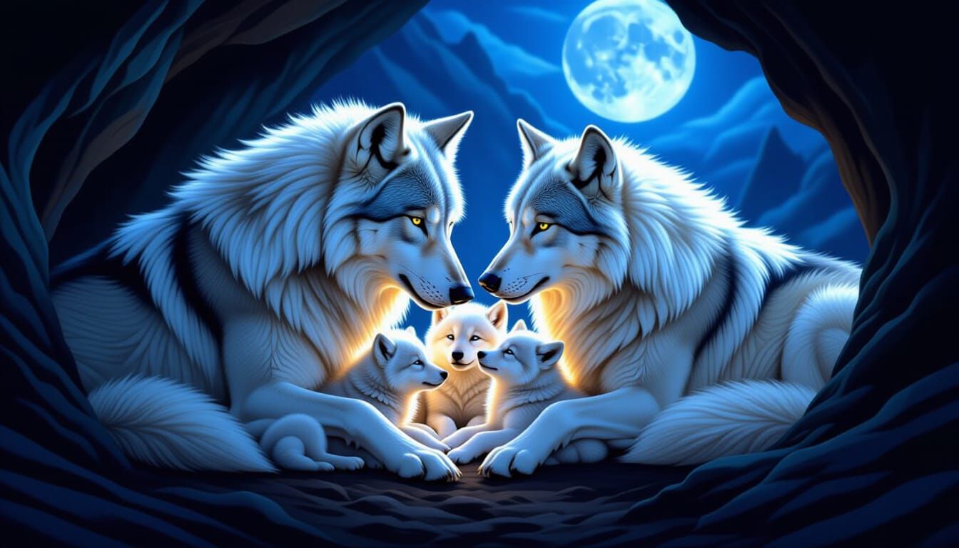 Wolf Family Cuddles in Moonlit Cave