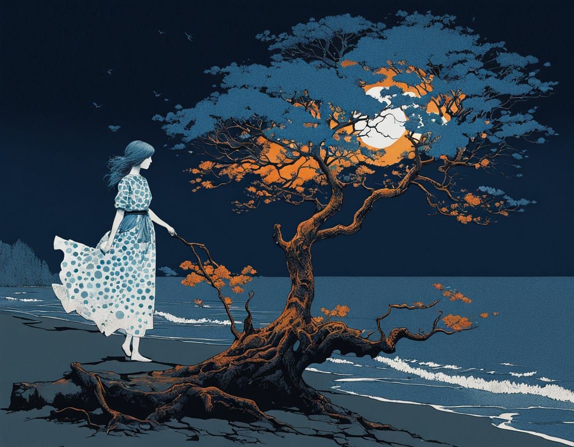 Silk Screen Print of Woman Under Tree at Shore Sunset