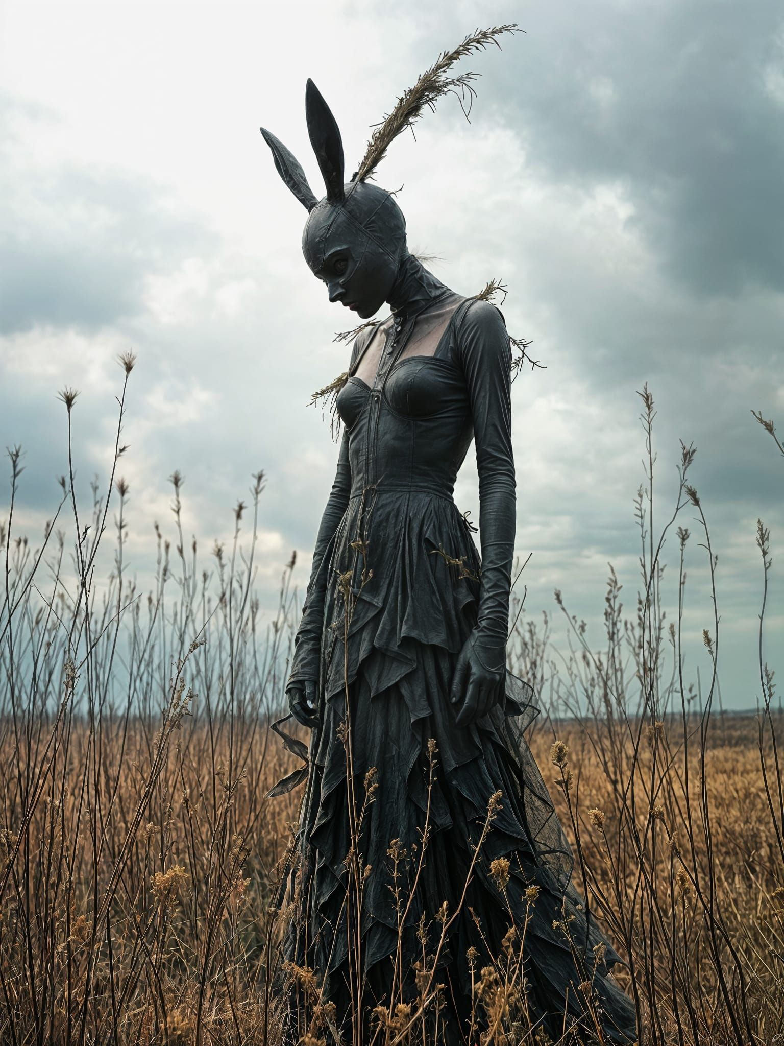 Gothic Figure in Desolate Landscape, Dark Oil Painting Style