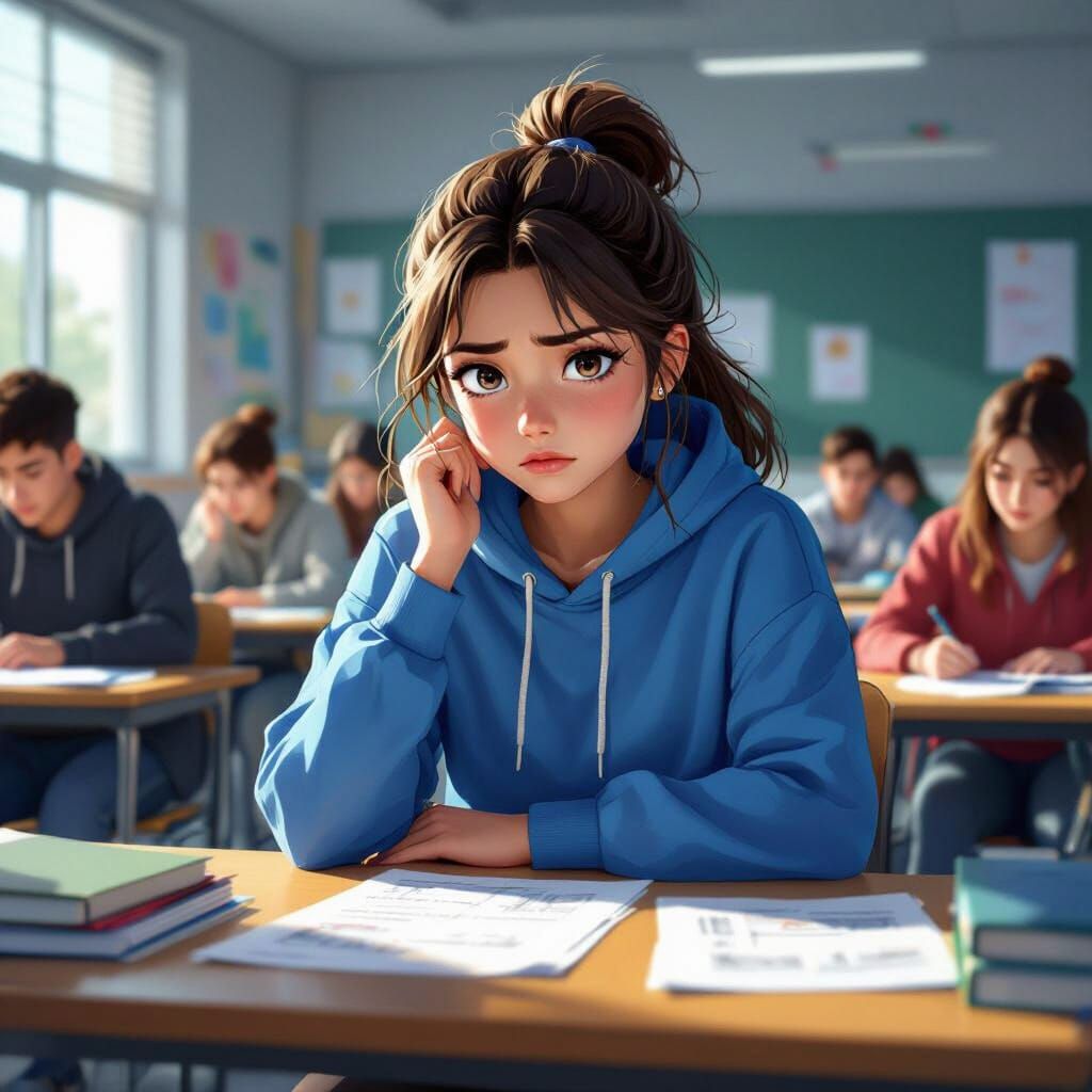 Teenage Girl Concentrates on US History Exam in 3D Anime Sty...