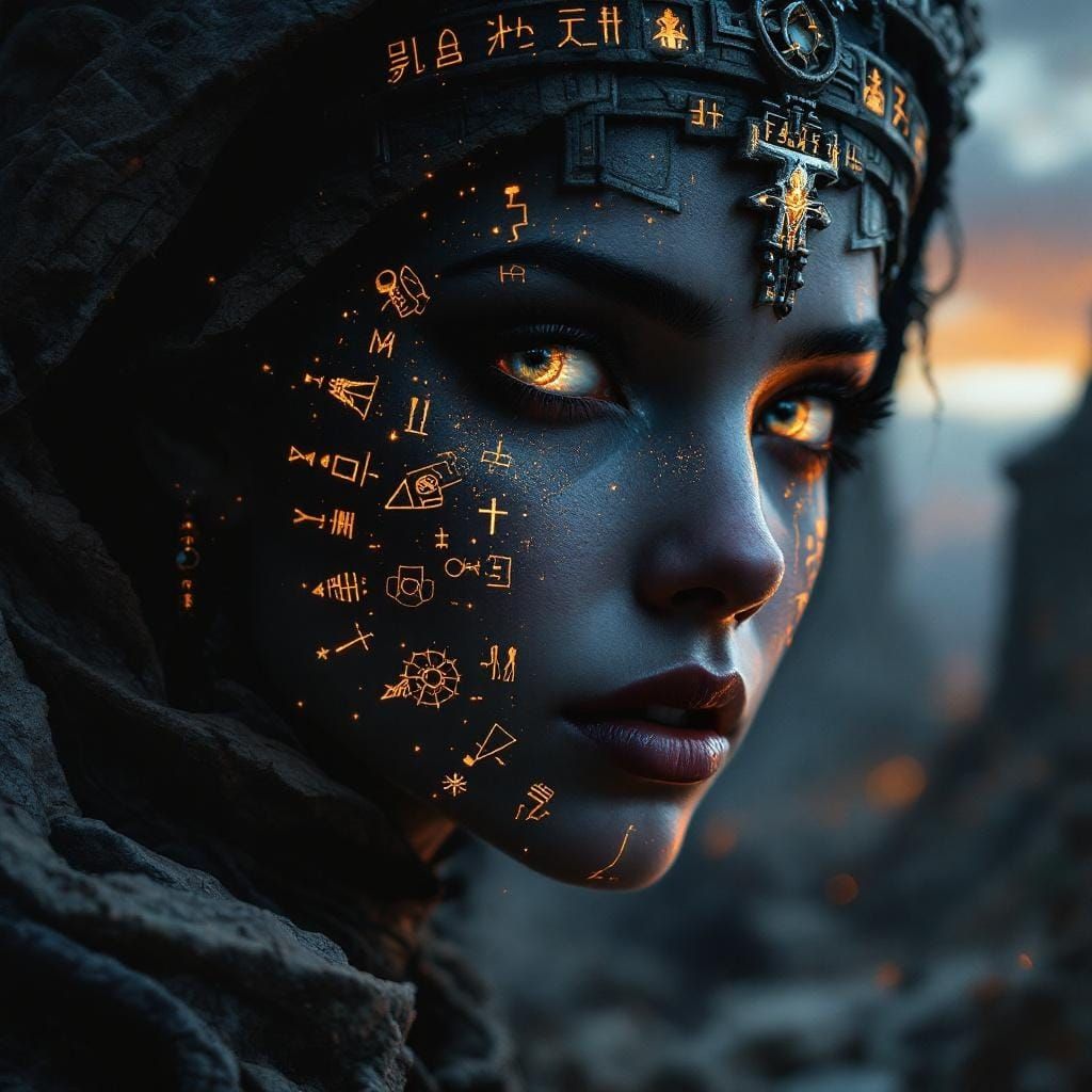 Woman's Face with Hieroglyphs in Ancient Ruins