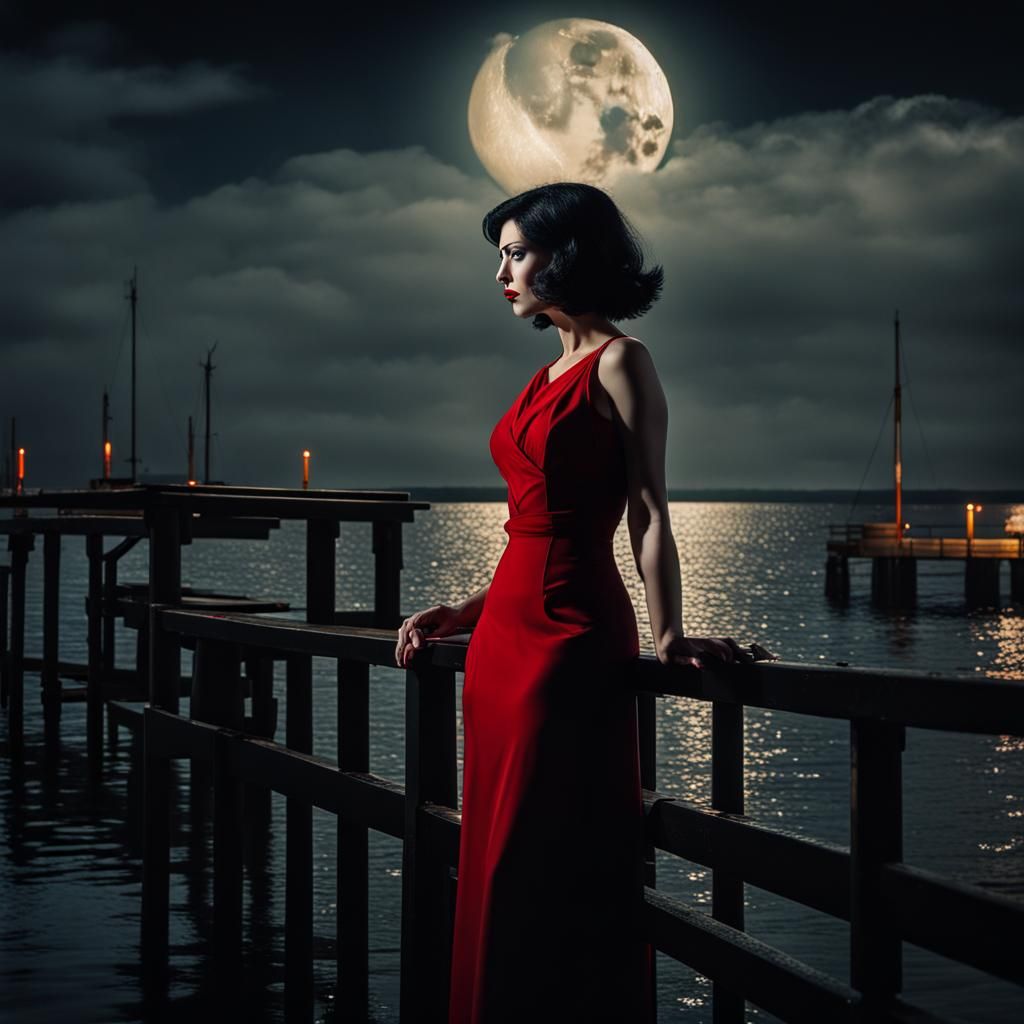 Moody Night Portrait of Woman with Red Lipstick
