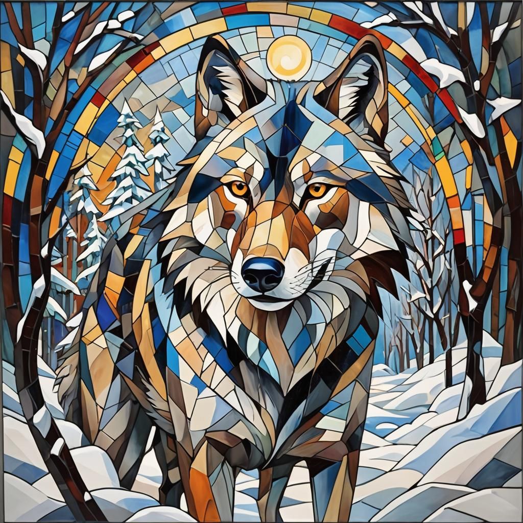 Wolf in Snow: Stained Glass Cubist Art