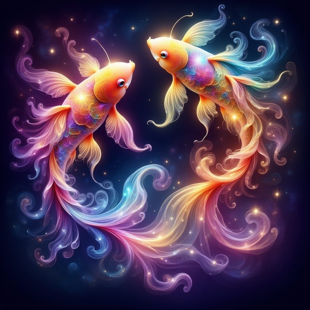 Rainbow Koi Fish Swim in Cosmic Ocean, Forming Pisces Symbol