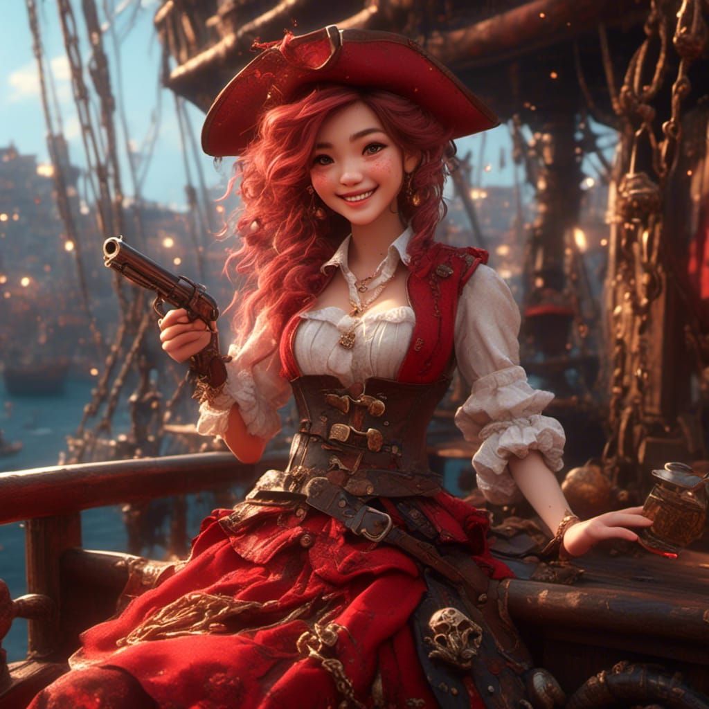 Laughing Pirate Queen on Ship in Cyberpunk Style