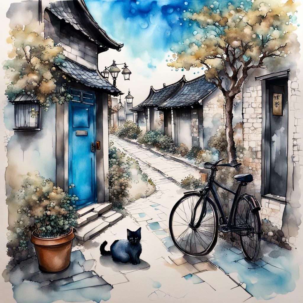 Chinese Village Street Scene in Alcohol Ink Sketch