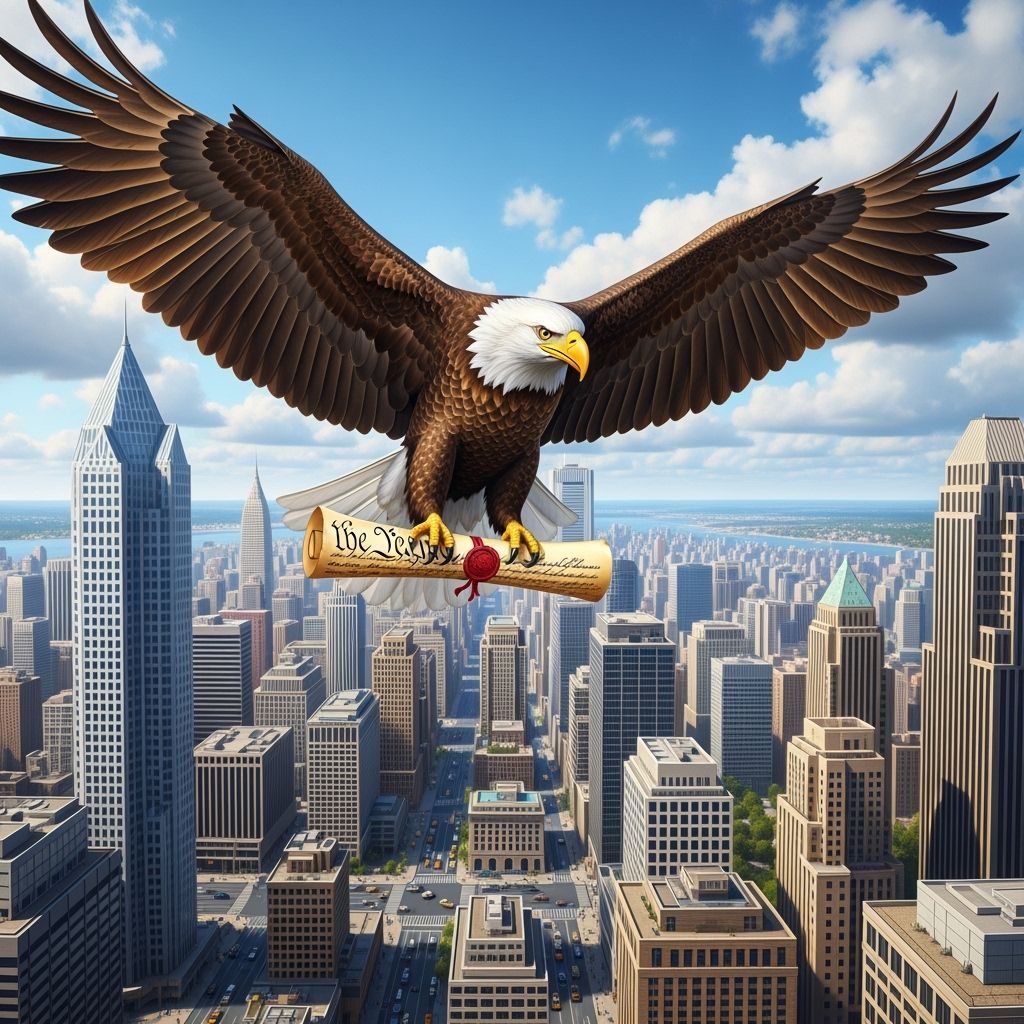 Bald Eagle Soaring Above Metropolis with Constitution