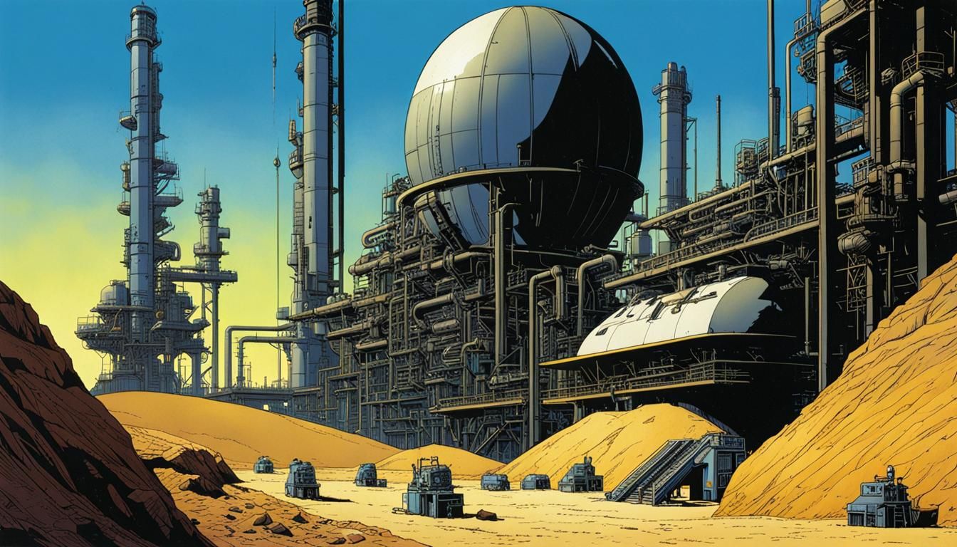 Desert Refinery Station in Moebius Comic Style