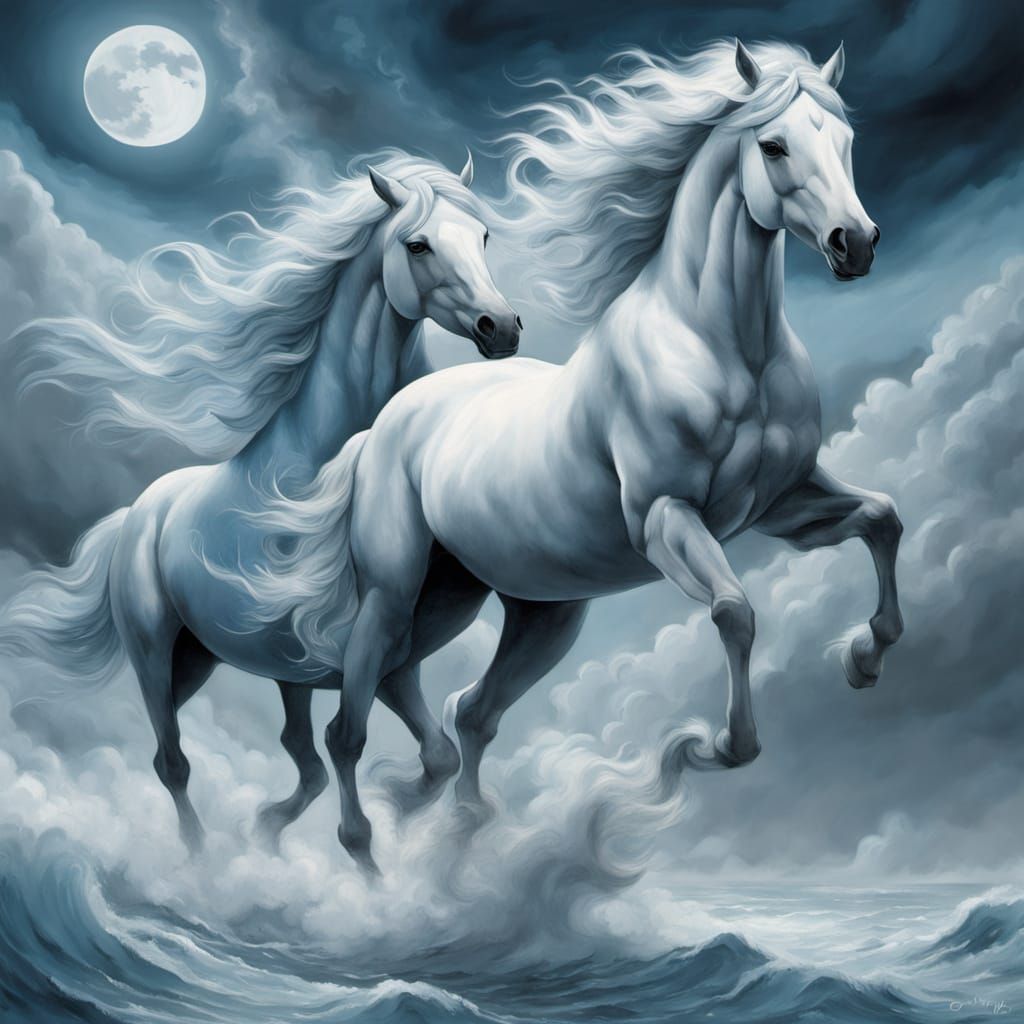Ethereal Horses Galloping Through Clouds in Dreamlike Style