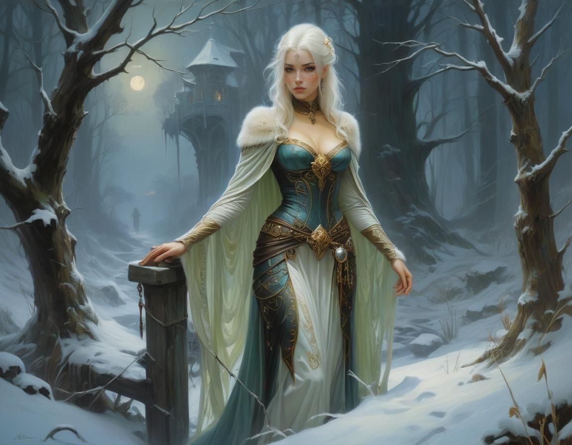 Eerie Girl in Misty Forest, Oil on Canvas