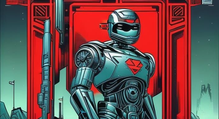 Golden Robot Enforces Stop Sign in Comic Art Style