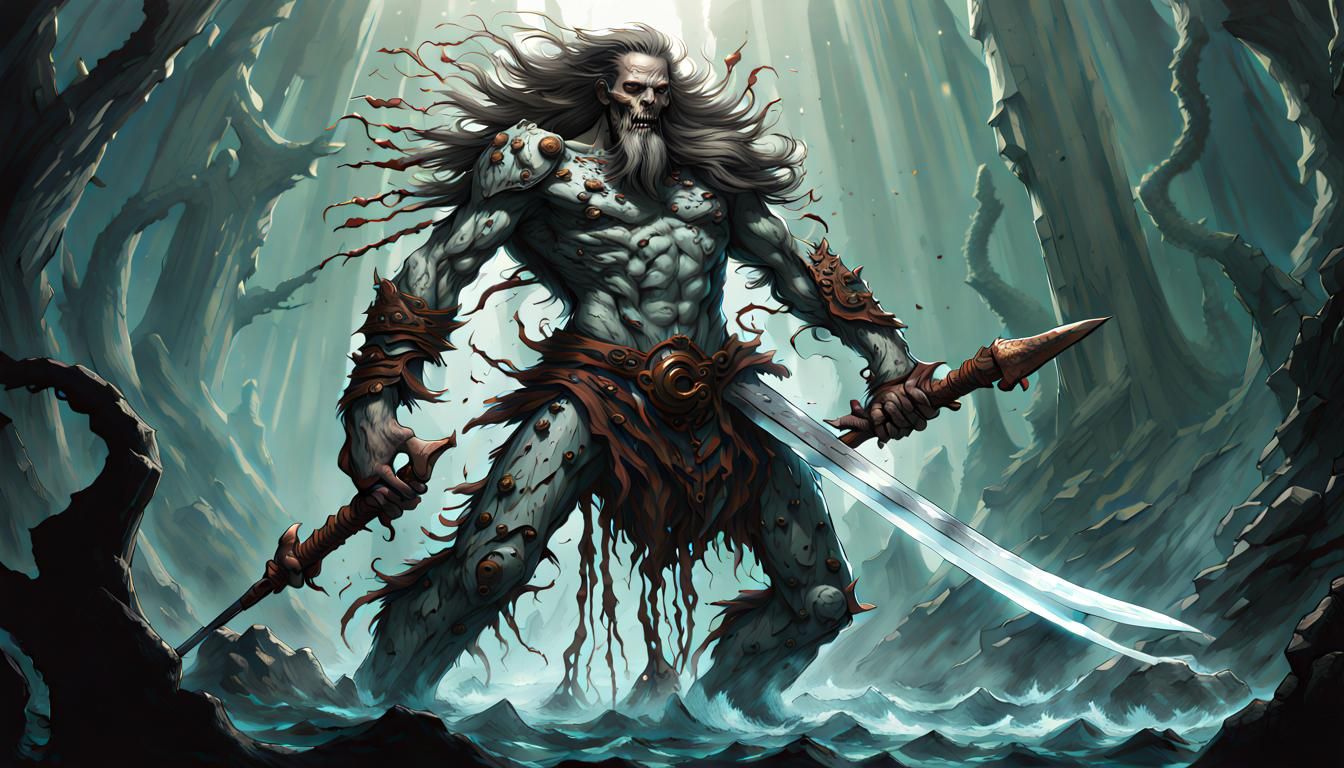 Primal Man with Cybernetic Sword in a Twisted World