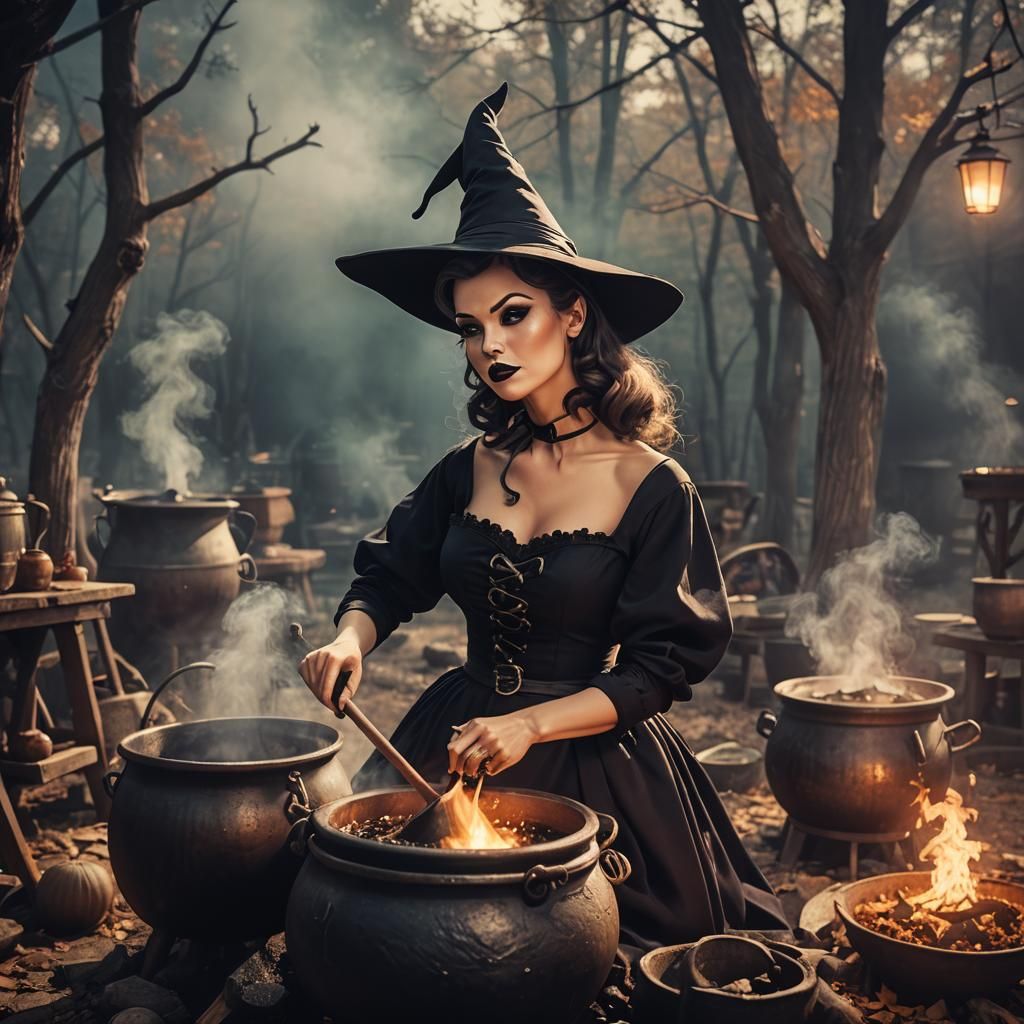 Anime Witch Stirring Cauldron in Cinematic Lighting