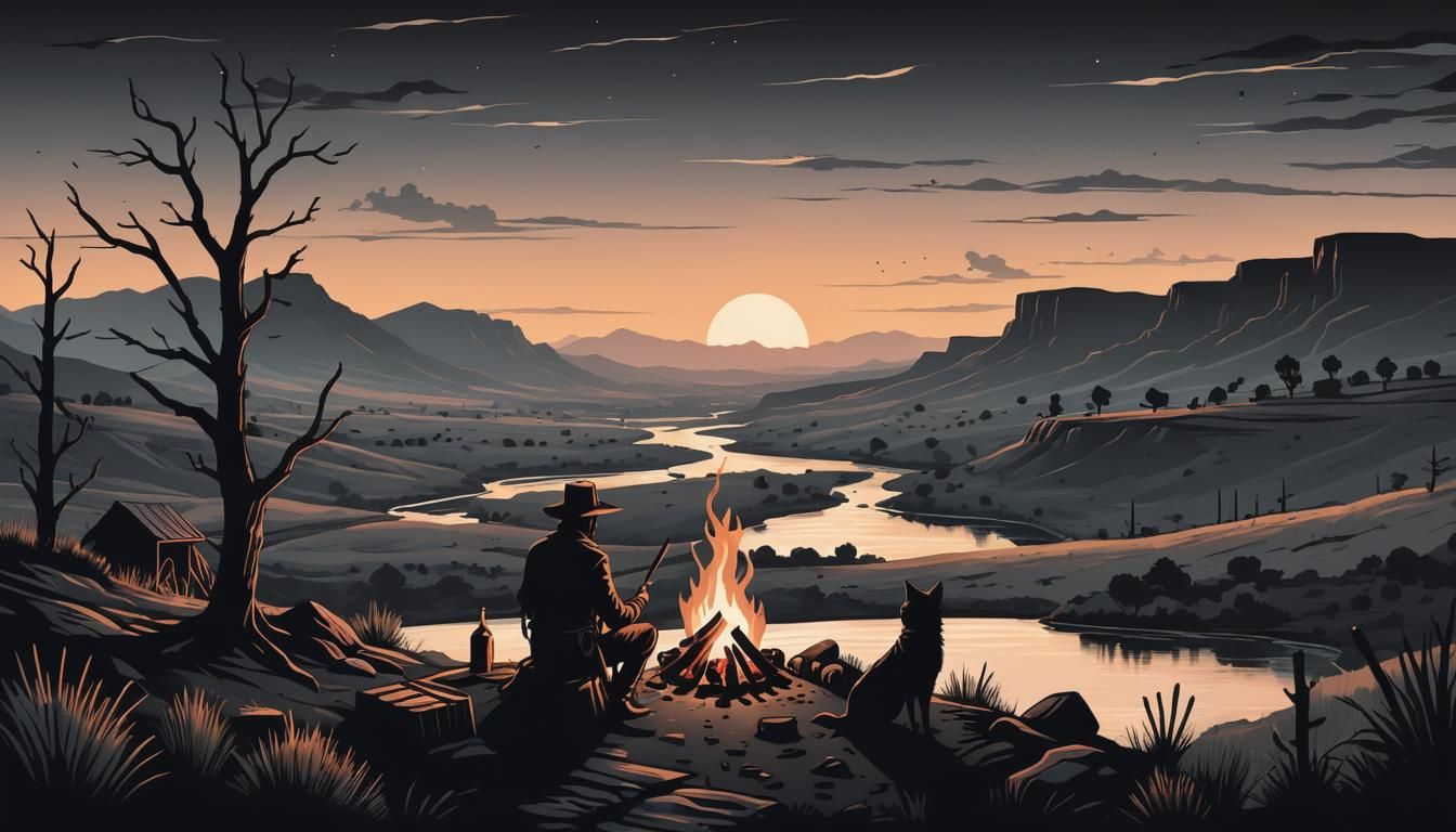 Campfire Scene in Minimalist Black Ink Style