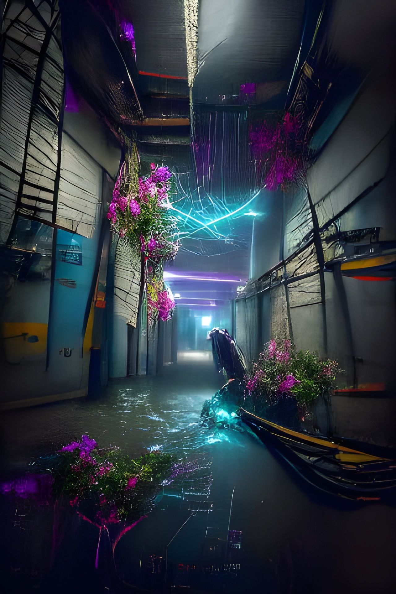 Cyberpunk Alleyway: Neon, Flowers, and Wires